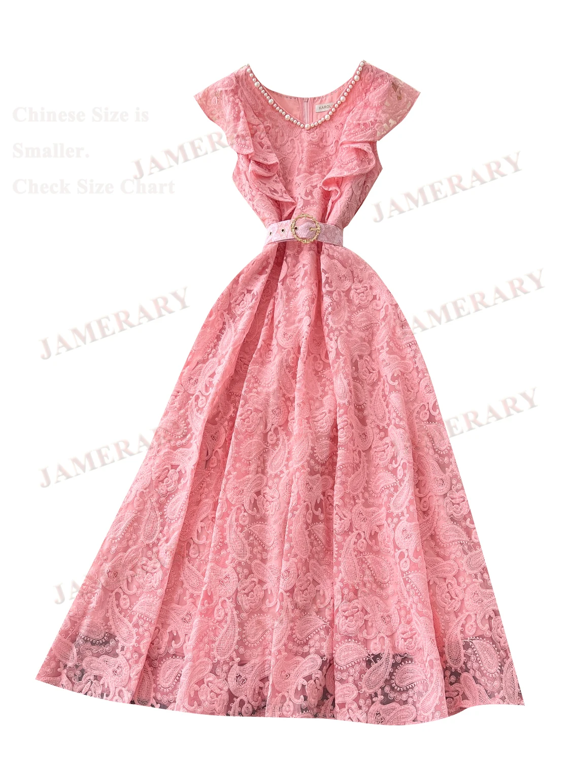 Pearl Neck Summer Lace Long Dress Women Flare Ruffle Sleeve A Line Pleated Crochet Embroidered Midi Dresses Evening Prom Vestido