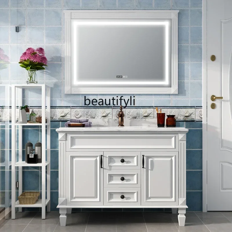 

ls 18 FG40Light Luxury American Stone Plate Bathroom Cabinet Nordic Solid Wood Bathroom Cabinet Smart Mirror Floor Wash Basin
