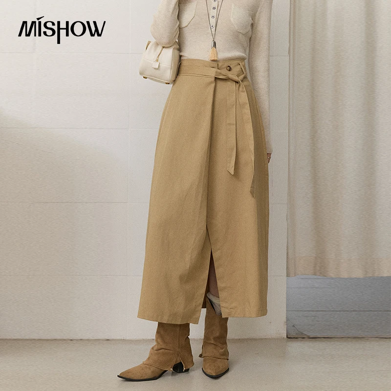 MISHOW Women's Cotton Asymmetric Wrap Belted Skirt 2026 Autumn Slim Button Waist Skirts Elegant Commuter Long Skirt MXF43B2582
