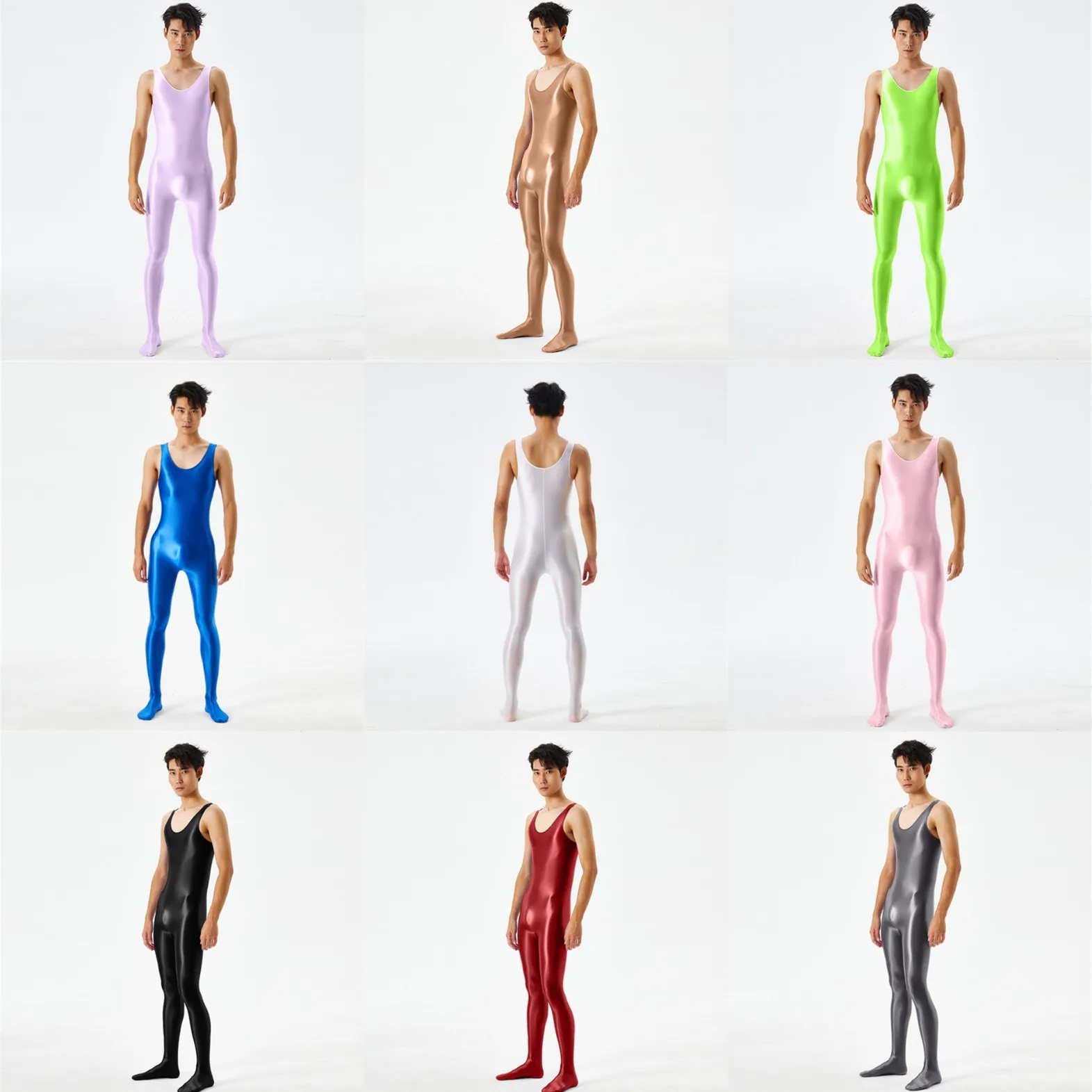 

Plus-size Oily Luster Silky Jumpsuits for Men and Women with High Elastic Open Gear Free Sexy Transparent Breathable Tight