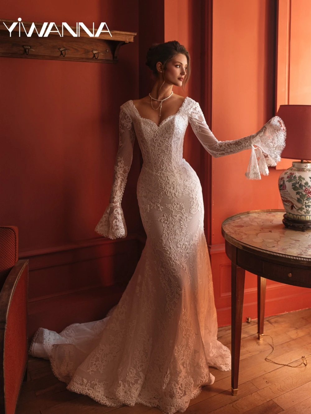 

Ivory Lace Mermaid Long Wedding Dress Charming Flare Sleeve Bridal Gown Customized Roamntic Sweetheart Neck Dresses For Bride