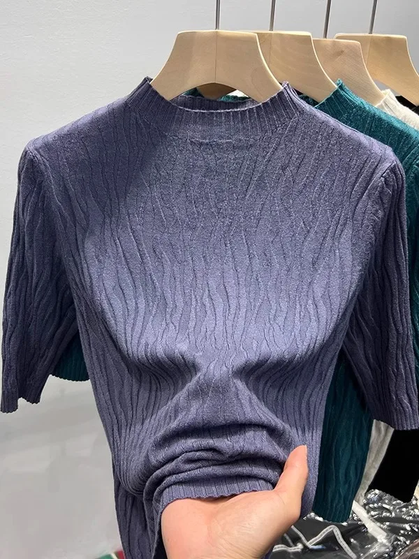 

Женский трикотажный топ Ele Slimming с высоким воротником и рукавом три четверти, модный европейский стиль, без бирки