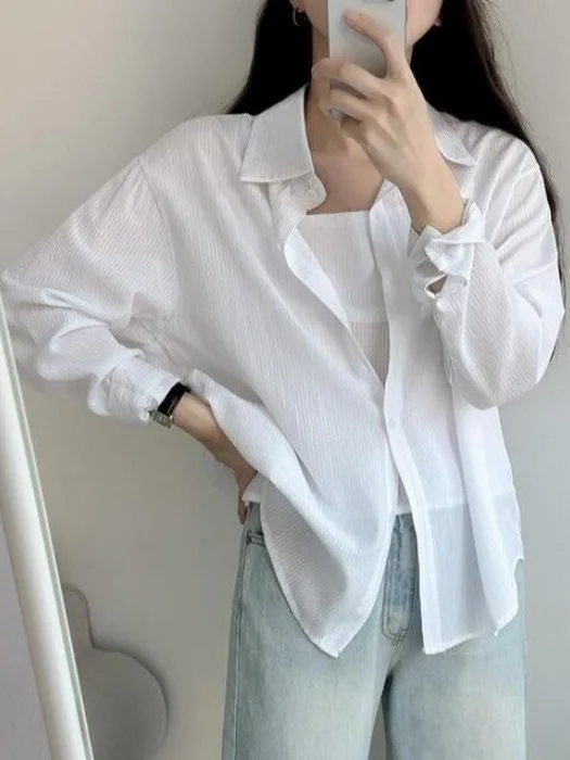

Chic Korean Sle Loose Fit Striped irt And Strap Two Piece Set Women's Autumn New Arrival White Loose Collar Top