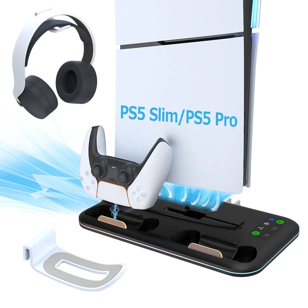 For PS5 Slim/PS5 Pro Cooling Dock With Lights Dual Controller Charging Station With Headphone Holder for Playstation 5 Slim