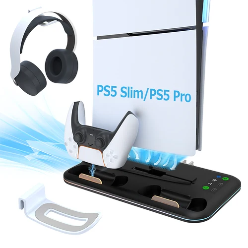 Base de refrigeración para PS5 Slim/PS5 Pro con luces, estación de carga de controlador Dual con soporte para auriculares para Playstation 5 Slim