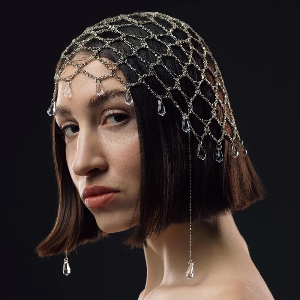 Crystal Tassel Rhinestone Headpiece Hair Headpiece Beaded Mesh Bridal Head Chain Crystal Hair Jewelry Draped Design