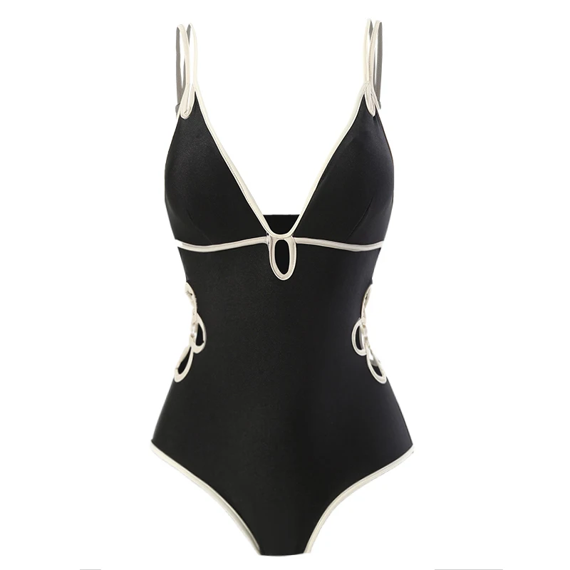 Elegant Retro Sexy Hollow Personality Triangular One-piece Swimsuit Girl Summer Black V-neck Pool Beach Party Suspender Swimwear