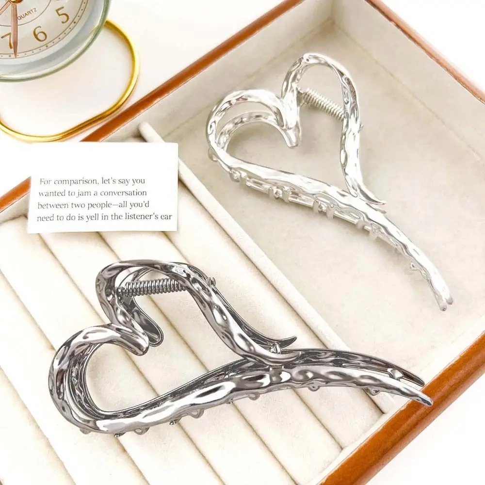 Hairpin Metal Heart Hair Claw Liquid Metal Hollow Clip Gold Silver Metal Heart Hair Clip Headwear Irregular Large Hair Claw