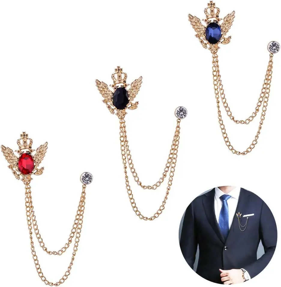 

3Pcs Men's Brooch Set with Chains, Metal Pin Badges for Suit, Shirt, Tie, Scarf, Hat Decor