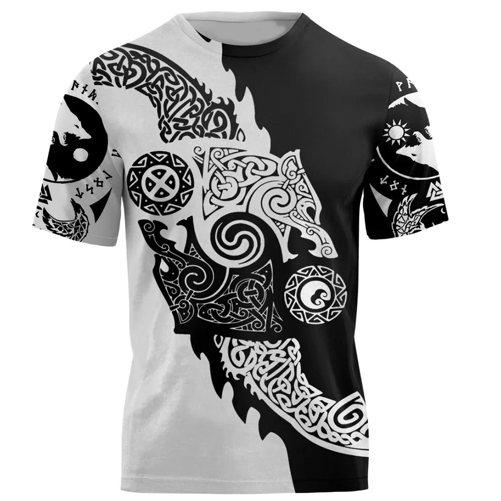 Vintage Viking Print T-shirt Men\'s Summer Casual O-neck Short Sleeve Top Hip Hop Harajuku T Shirt Male Oversized  Men Clothing