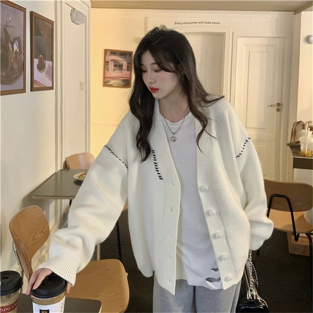 

Women's Oversized Long Sweater Coat Chic Elegant Lantern Sleeve Knitted Cardigan Korea Style Loose Button Dowen Sweater for Girl