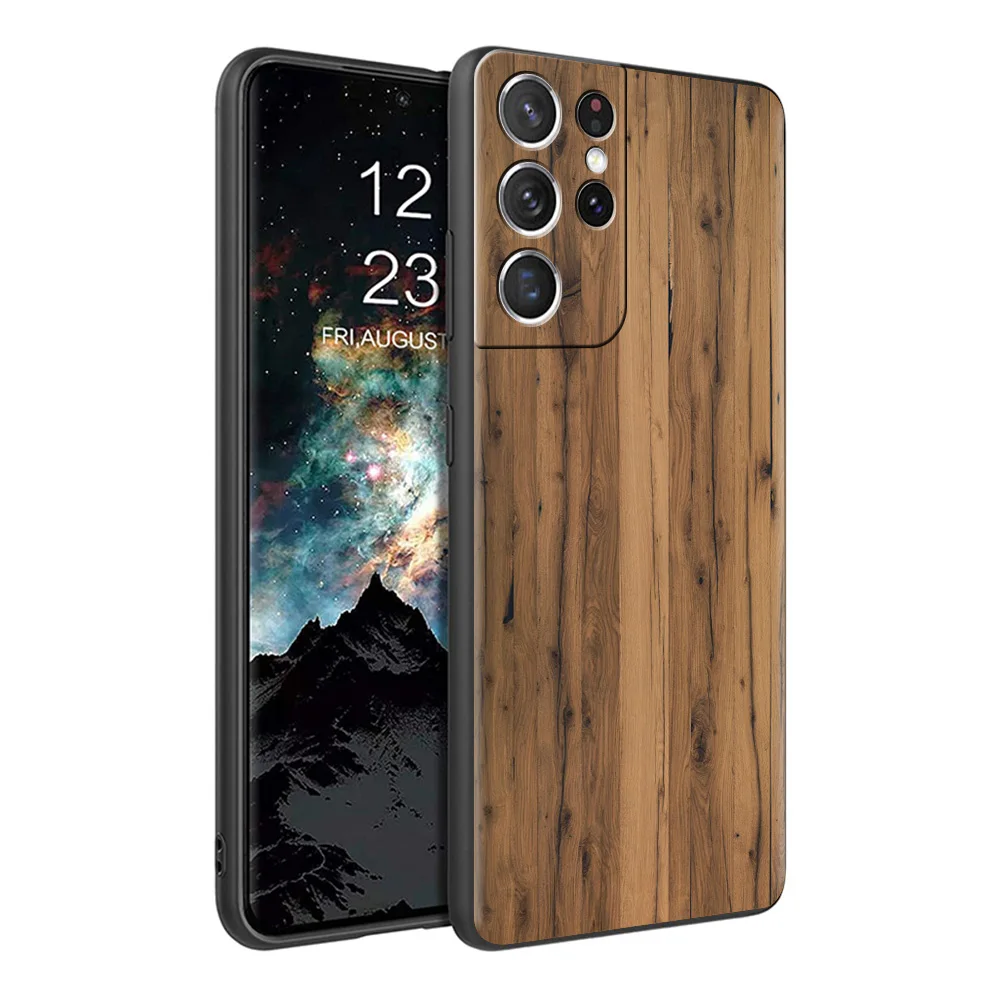 Carved Wood Case For Samsung Galaxy S24 Ultra S22 S20 FE S21 S23 Plus 5G Note 20 10 Lite Silicone Phone Cover Black Soft Cover