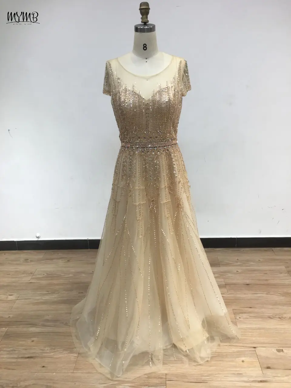 MYMB Pink A-Line Elegant Formal Party Evening Dress for Special Events Luxury Beaded Short Sleeves Dubai Gala Prom Gown DSBQ0128