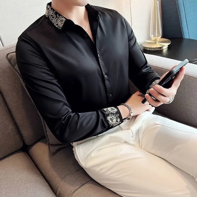 Korean Clothing Fashion Men Smooth Shirts Spring Autumn Embroidery Solid Long Sleeve Lapel Office Social Business Casual Tops