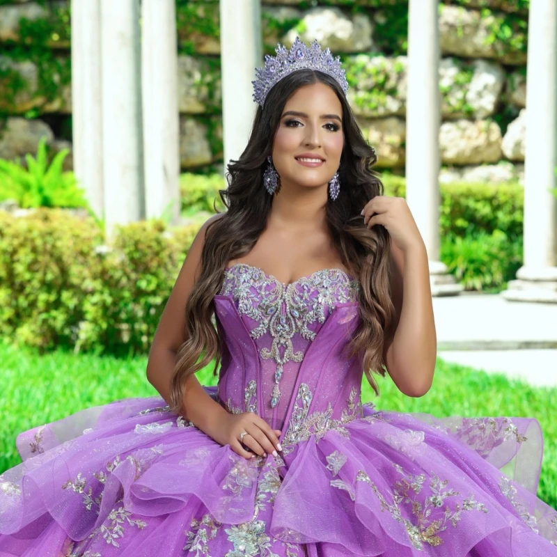

Purple Shiny Quinceanera Dresses Ball Gown Off Shoulder Applique Lace Beading Crystal Bow Tull Corset Sweet 16 Dress Vestidos 15