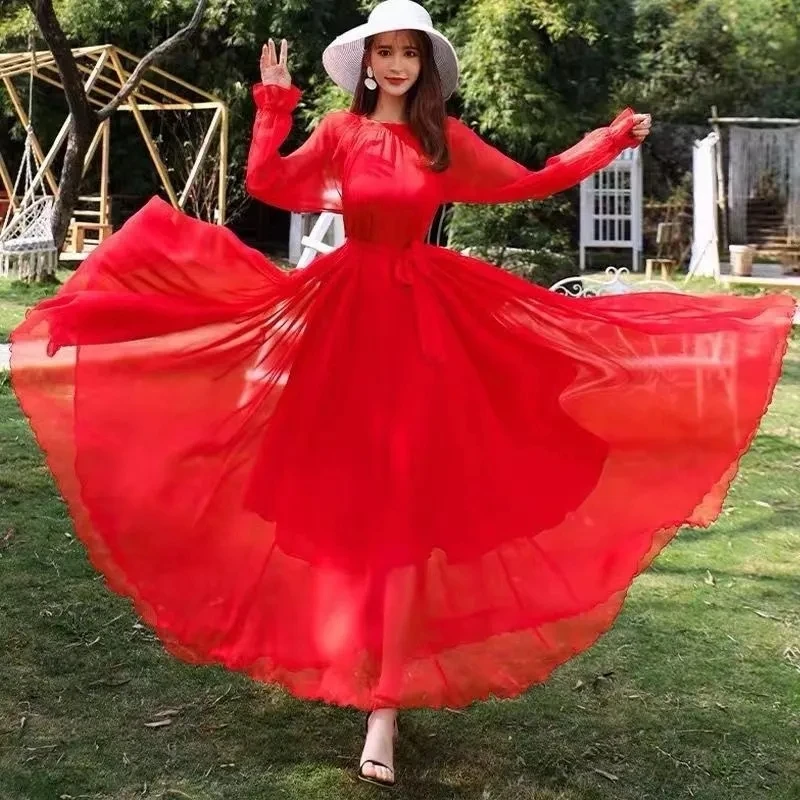 Strand Chiffon Super Langes Kleid Damen Neue Ankunft Frühling Herbst Chic Kleid Elegante Lange Ärmeln Lose Spitze-Up schlanke Kleider