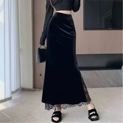 Temperament Lace Patchwork Black A-line Skirt Spring Autumn New High Waist Elegant Midi Dress Fashion High Street Women Clothing
