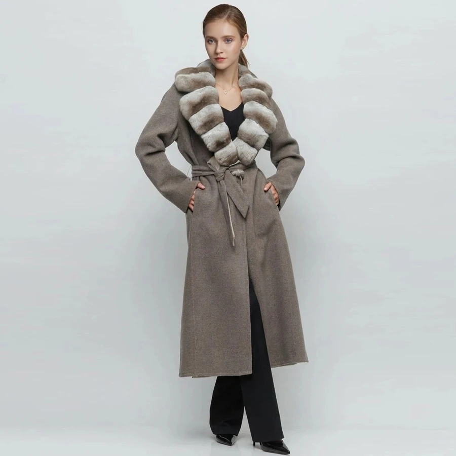 Womens Jackets Cashmere Coat Women Luxury Real Wool Coat With Natural Rex Rabbit Fur Cuffs  Clothes