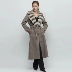 Womens Jackets Cashmere Coat Women Luxury Real Wool Coat With Natural Rex Rabbit Fur Cuffs  Clothes
