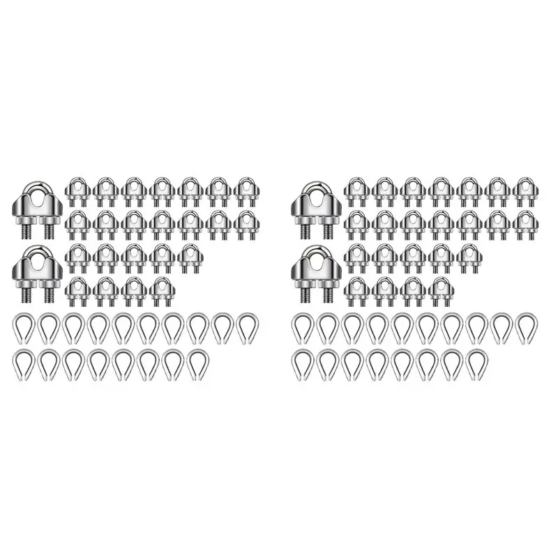 A96I-100 Pcs 1/8Inch Wire Rope Kit M3 Metal Wire Rope Cable Clamp And M3 Stainless Steel Thimbles For Wire Rope Rigging