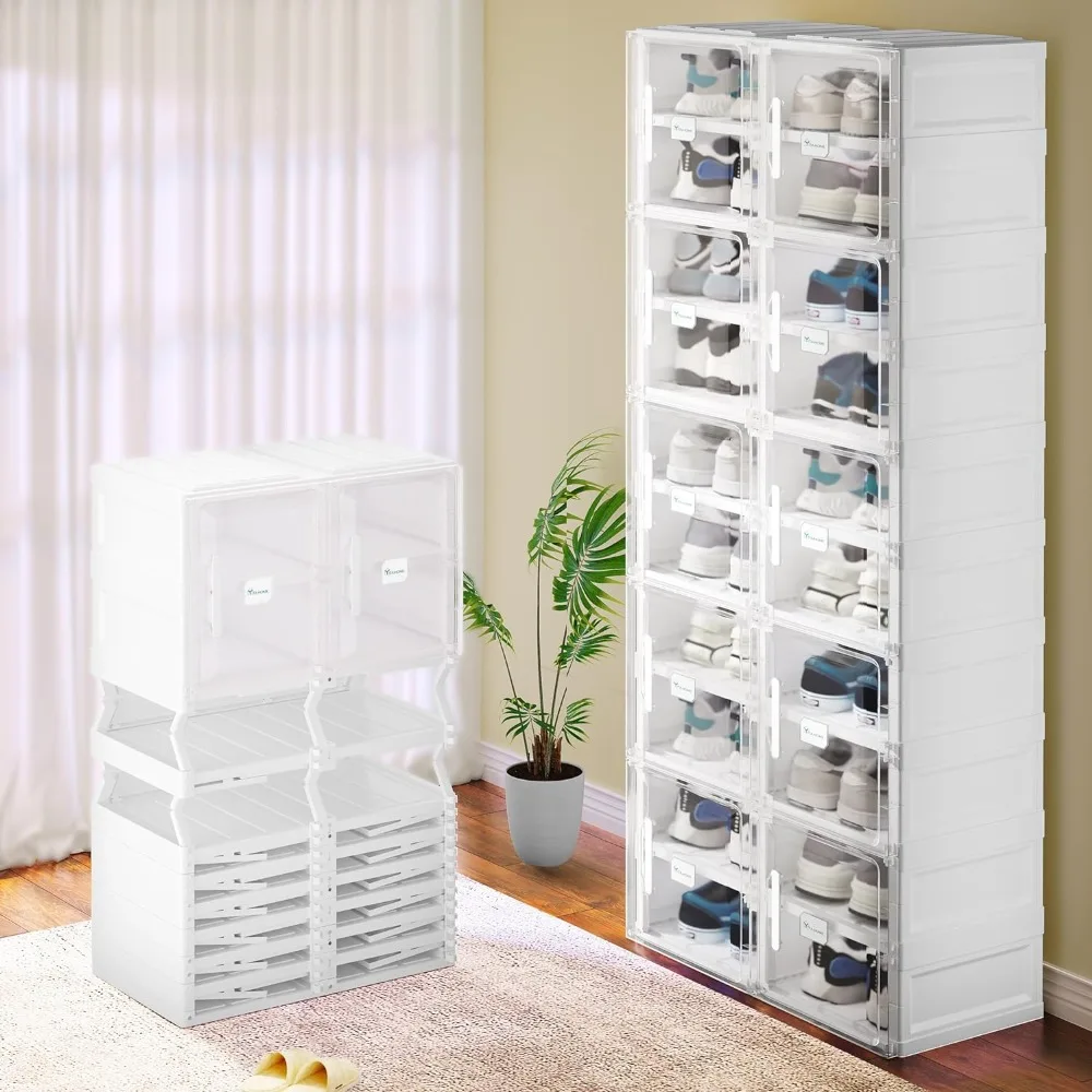 

Shoe Storage Box, Folding Shoe Box, 2-20 Compartment Stackable Transparent Shoe Cabinet, Installation-free (white)