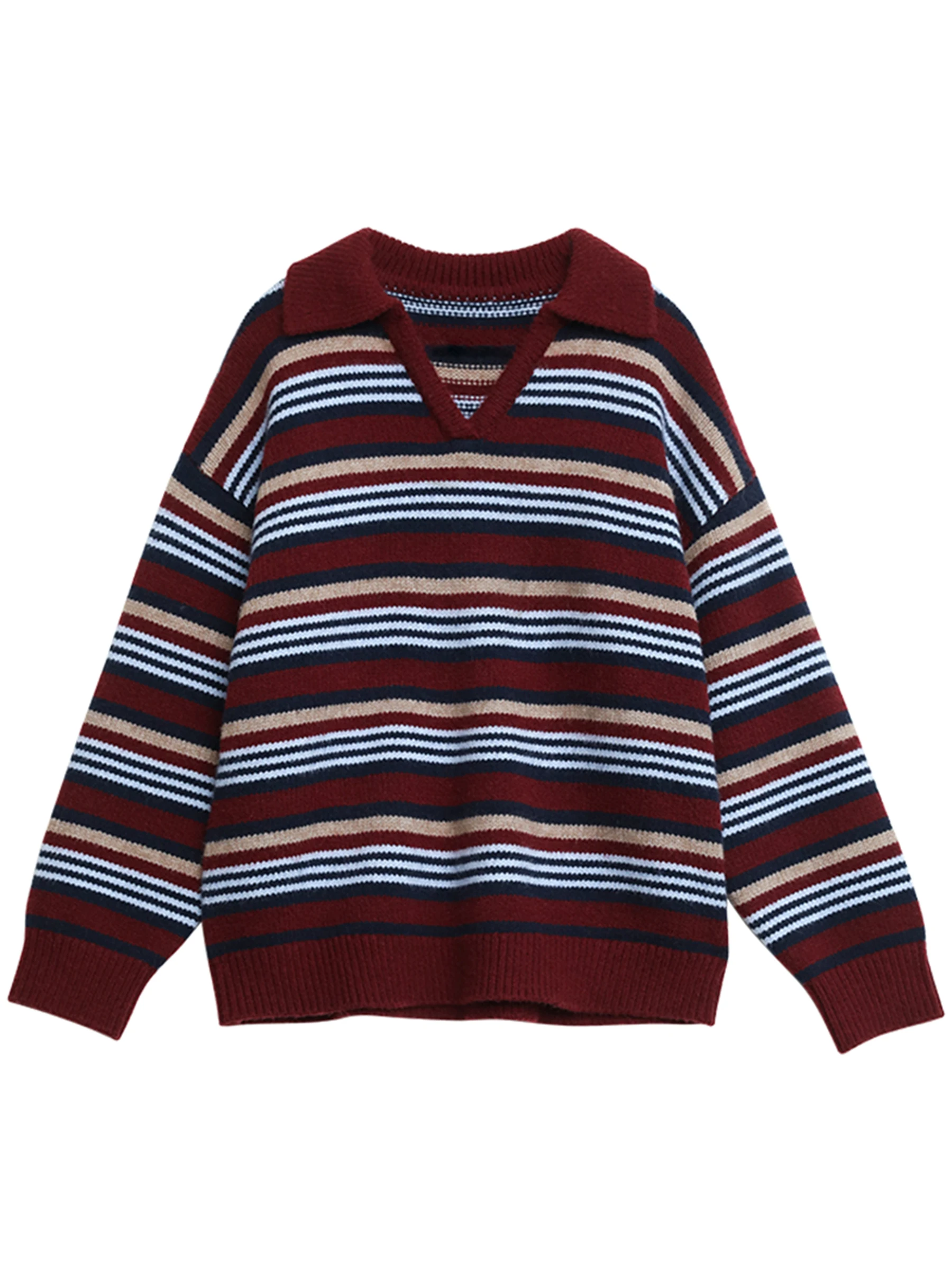 CHIC VEN-suéter holgado informal para mujer, Jersey Retro a rayas con contraste y cuello tipo Polo, jerséis de punto cálidos para mujer, jersey para Otoño e Invierno 2025
