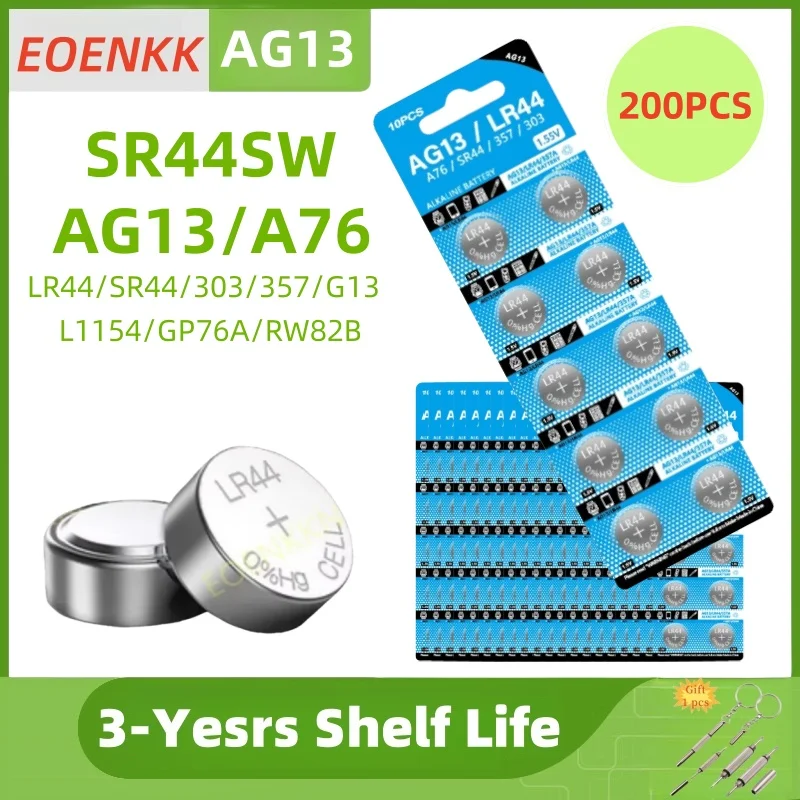 200pcs LR44 Batteries AG13 Button Cell Battery 1.5V 357 SR44 LR1154 Button Coin Batteries L1154 Battery for Watch Toys Remote