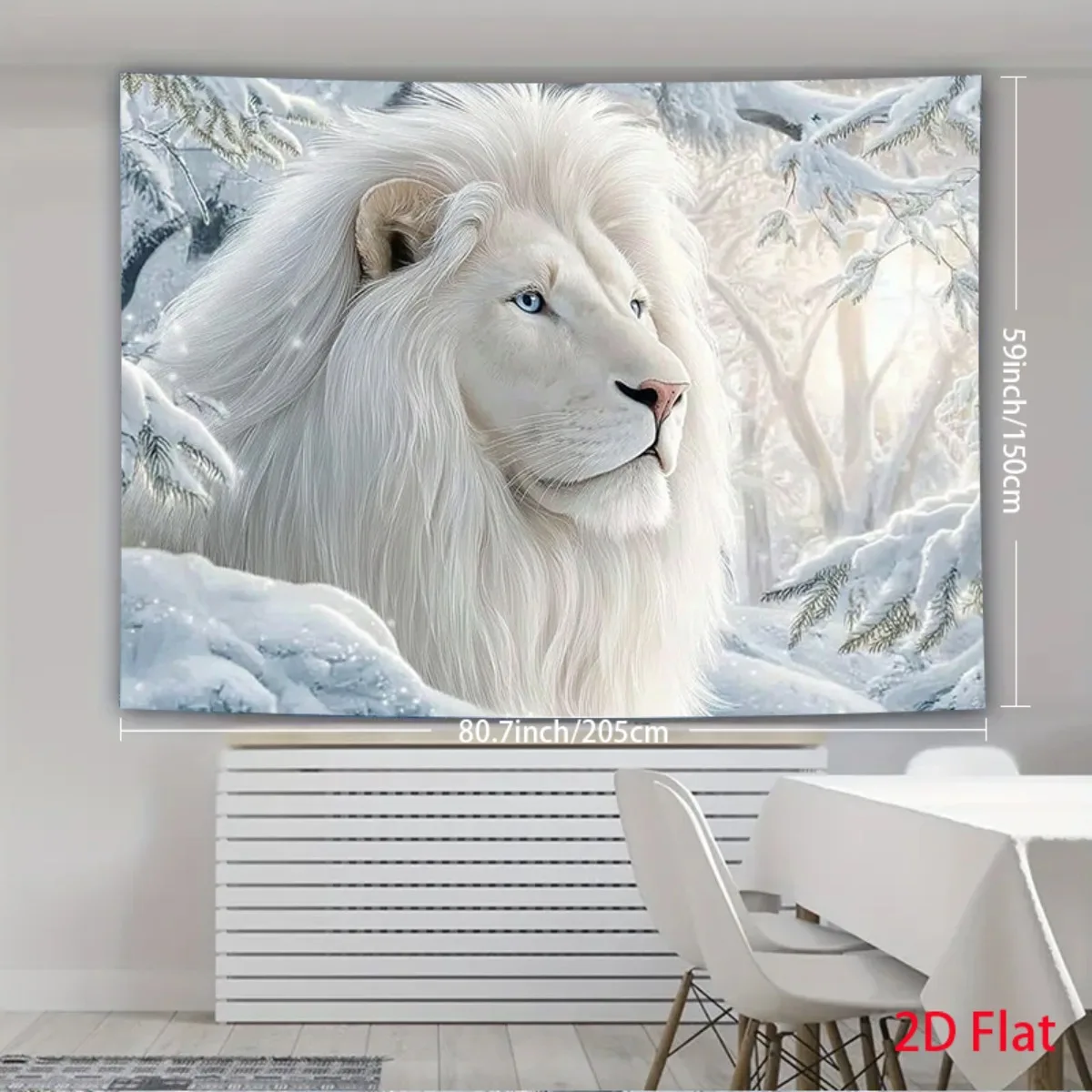 Majestic White Lion Tapestry Wall Hanging, Blue Eyed Lion in Snowy Forest Winter Landscape, Boho Home Decor for Living Room