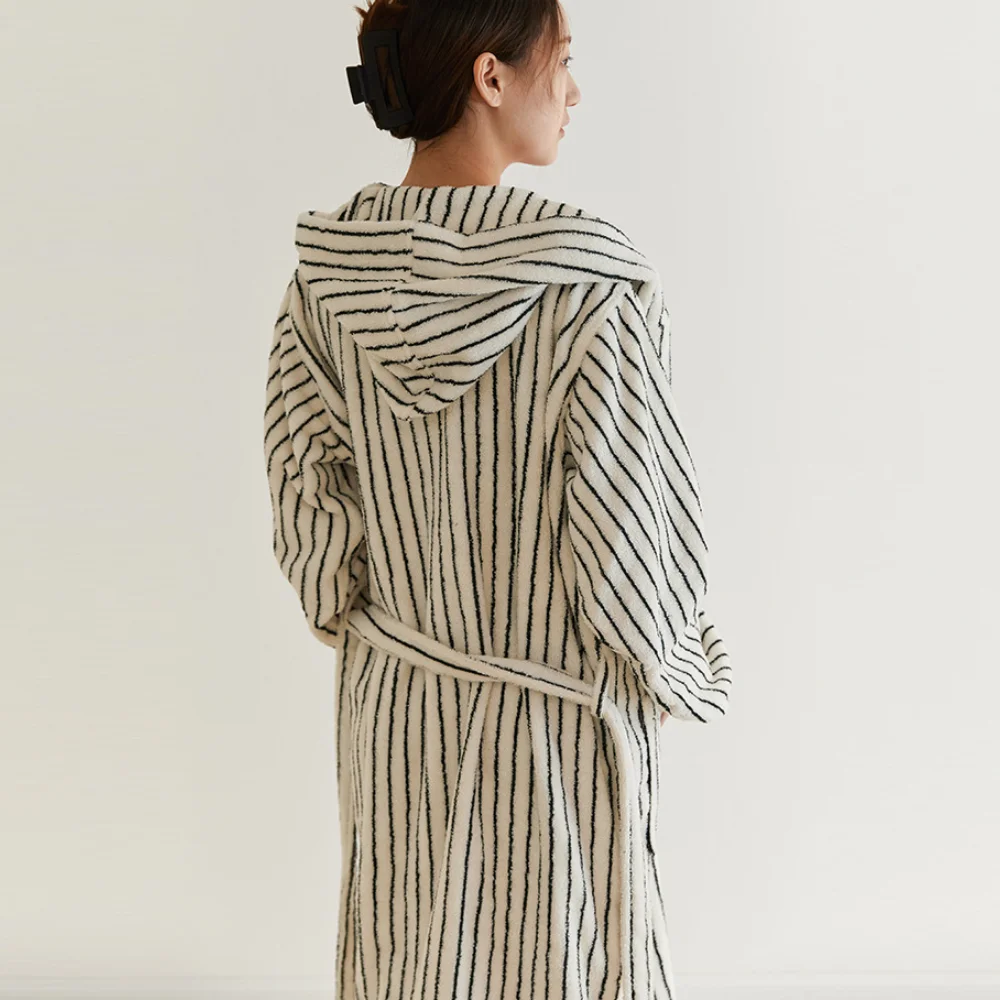 Simple Stripe Couple Terry Robe Thicken Long-Staple Cotton Hooded Kimono Bathrobe Gown Sleepwear Autumn Winter Warm Home Dress