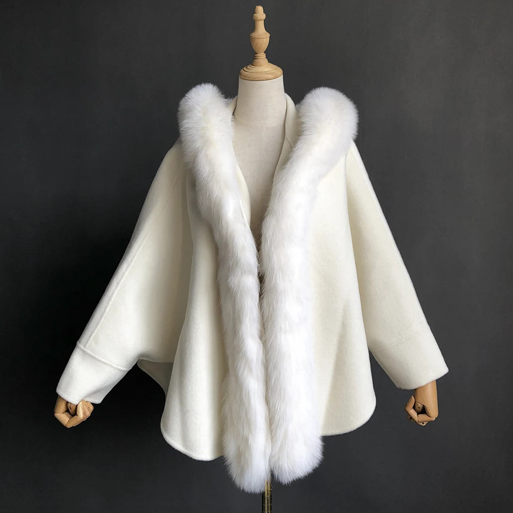 

MISSJANEFUR 2022 Spring Autumn Cashmere Poncho Cape with Real Fox Fur Trim Cream White Elegant Warm Party Wool Cloak with Hood