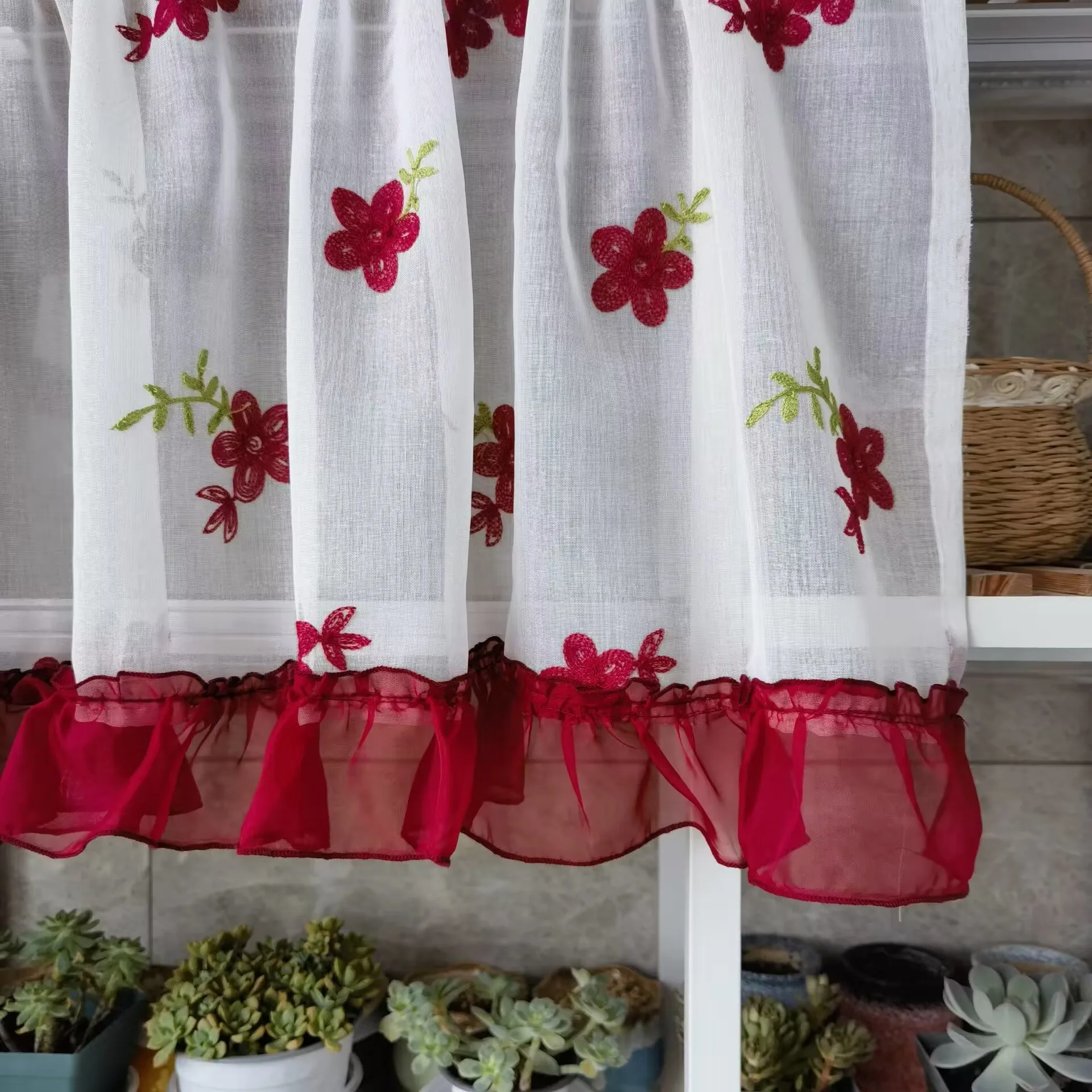 Lace Curtain For Kitchen Red Floral Tulle Curtain For Bay Window Short Curtain Door Partition Cabinet Sheer Drape DL-WP261#40