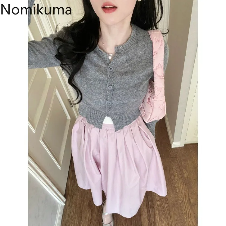 Fashion Two Piece Set Women Clothing O-neck Knitted Cardigan Jackets High Waist Skirts Outfits Roupas Femme Casual Vintage Suit