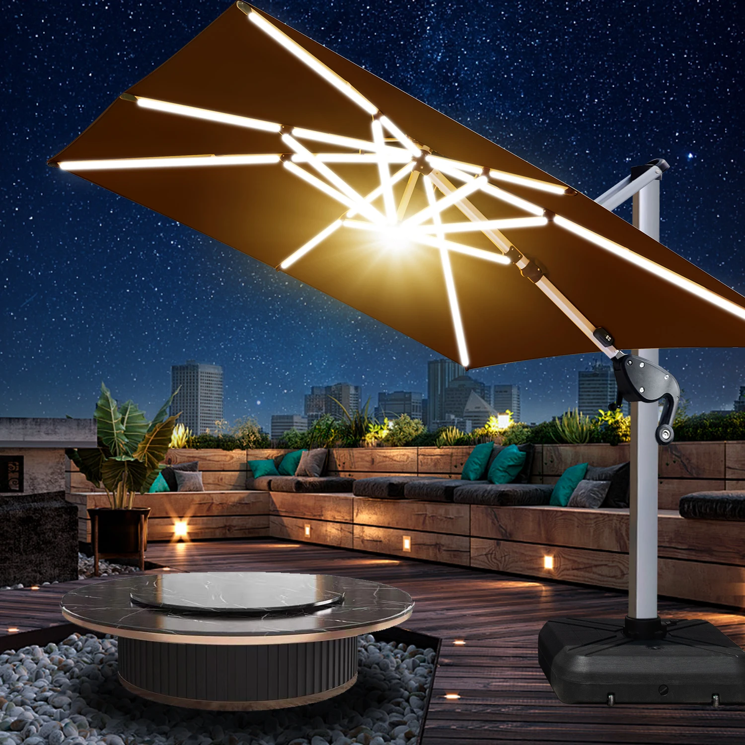 

2025 Hot Sale Aluminum Frame Adjustable Solar LED Light Outdoor Garden Patio Cantilever Umbrella And Base