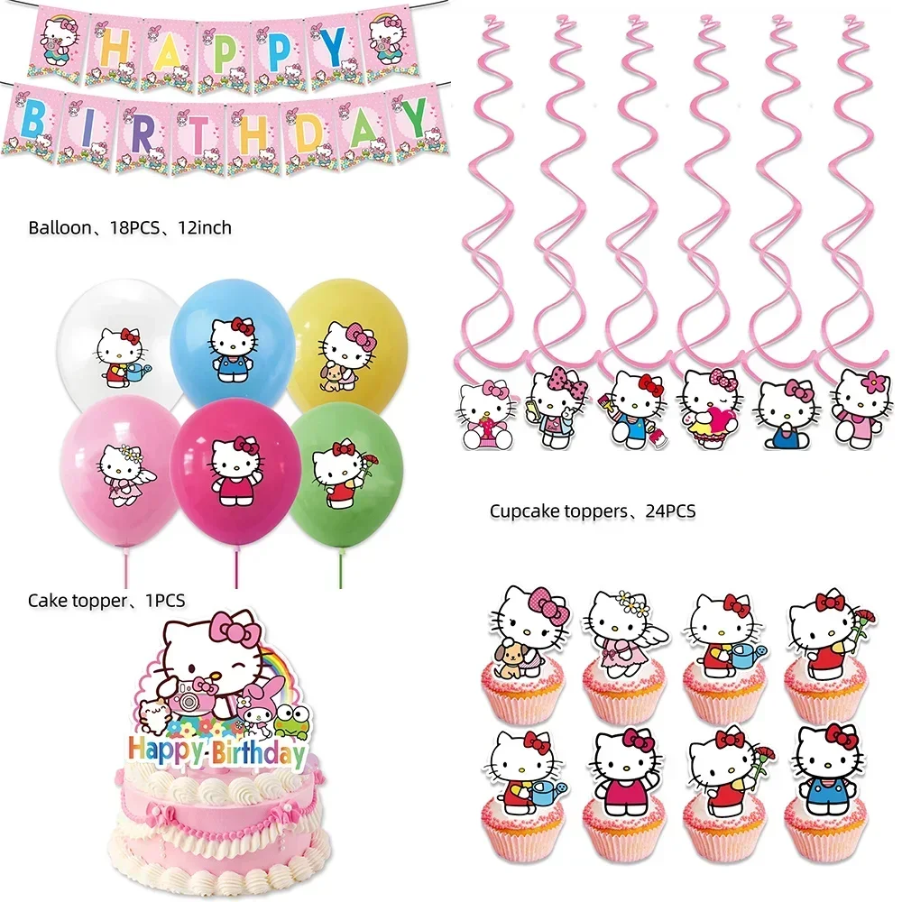 Cartoon Hello Kitty Party Supplies Set Kid Birthday party Decoration cat Baby Shower Decoration Flag pulling Background balloon