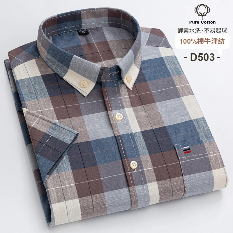 S-7XL Mannen Korte Mouw Oxford Gedrukt Casual Dress Shirts Front Patch Borstzak Regular-Fit Button-Down kraag Werk Shirts