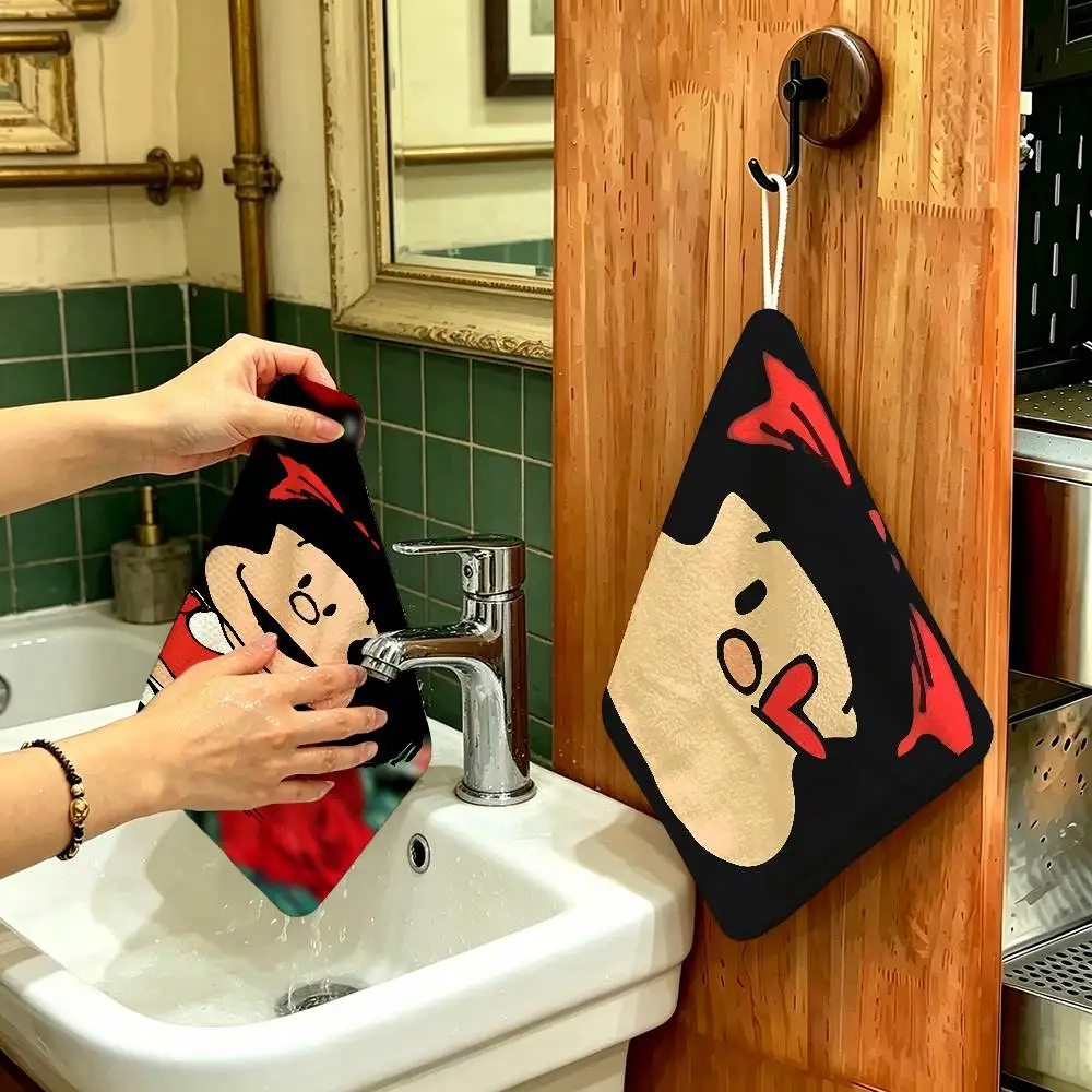 Cartoon Mafaldas Polyester Cotton Hanging Hand Towel, Super Absorbent Hand Wiping Towel for Daily Household Use