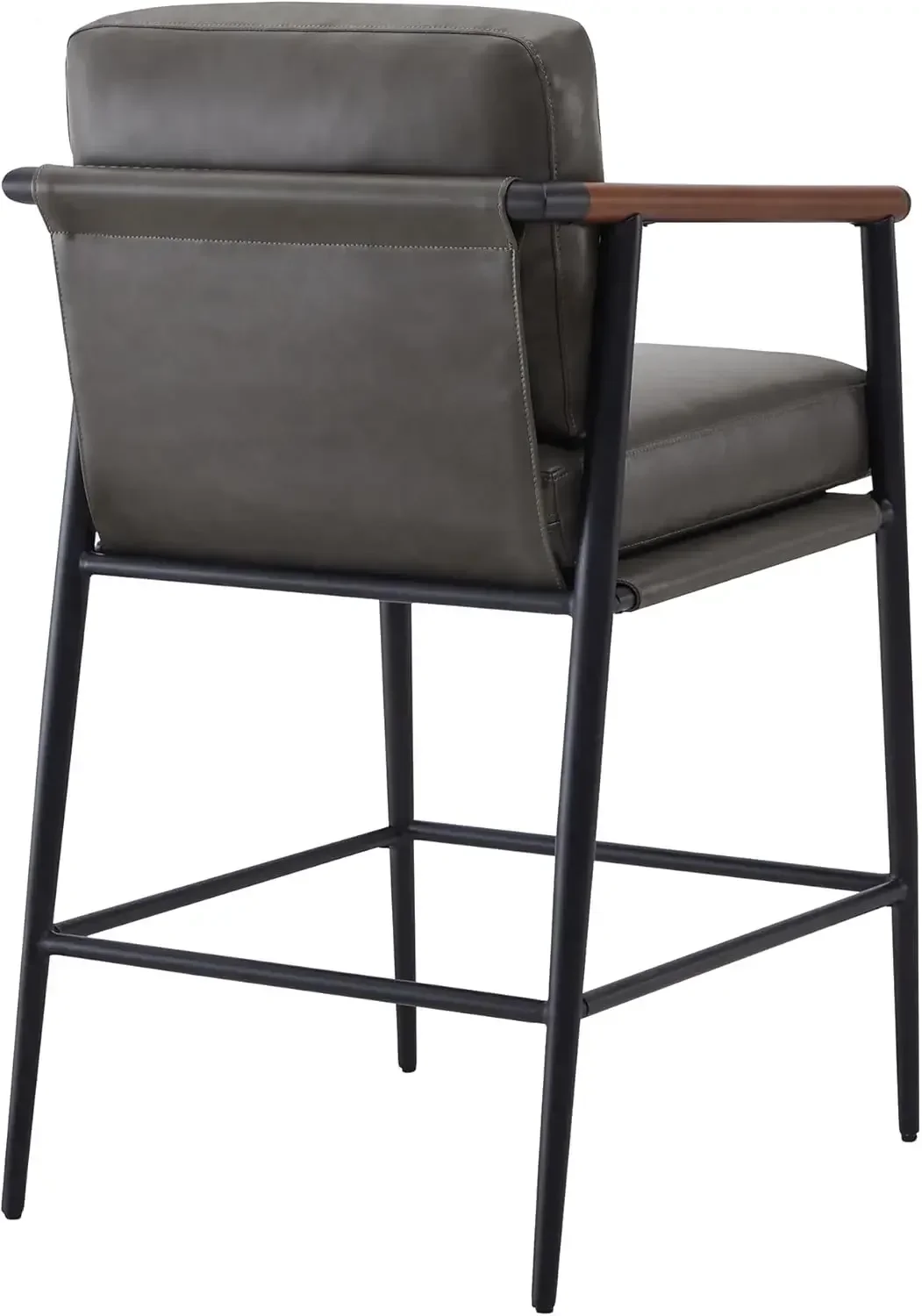 Mid Century Modern Barstools Set of 2, 26" H Upholstered Counter Height Bar Stools and Metal Legs, Faux Leather in Grey