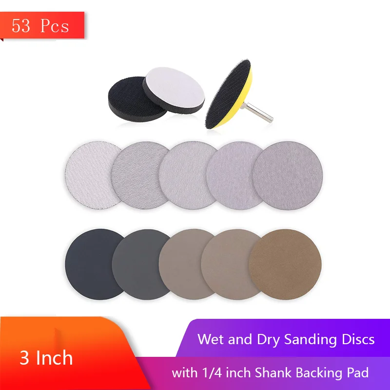 

3 Inch Wet and Dry Sanding Discs 53 Pcs Hook and Loop Sandpaper with 1/4 inch Shank Backing Pad and Soft Foam Buffering Pad