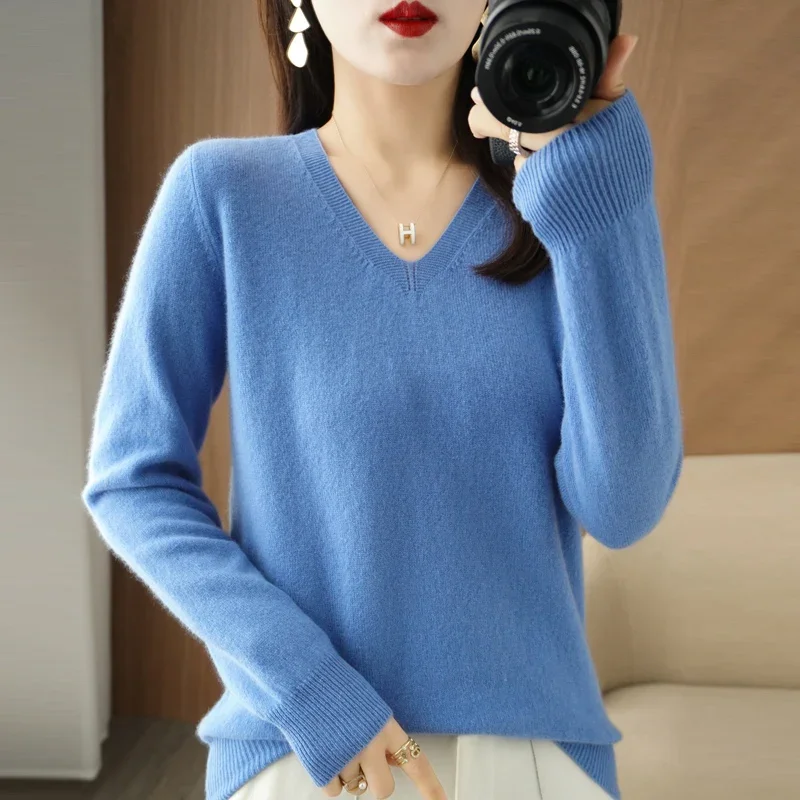 

Women New Fashion Pure Wool Soft Sweater Autumn Winter V-neck Solid Color Pullover Casual Basis Cashmere Warm Knitting Top