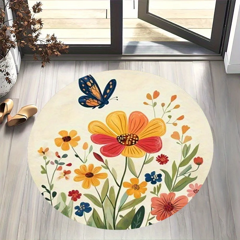 Non-Slip Soft Round Floral Bath Mat – Vibrant Multicolor Spring Flowers, Daisies, Tulips & Sunflowers Design with Rubber Backing