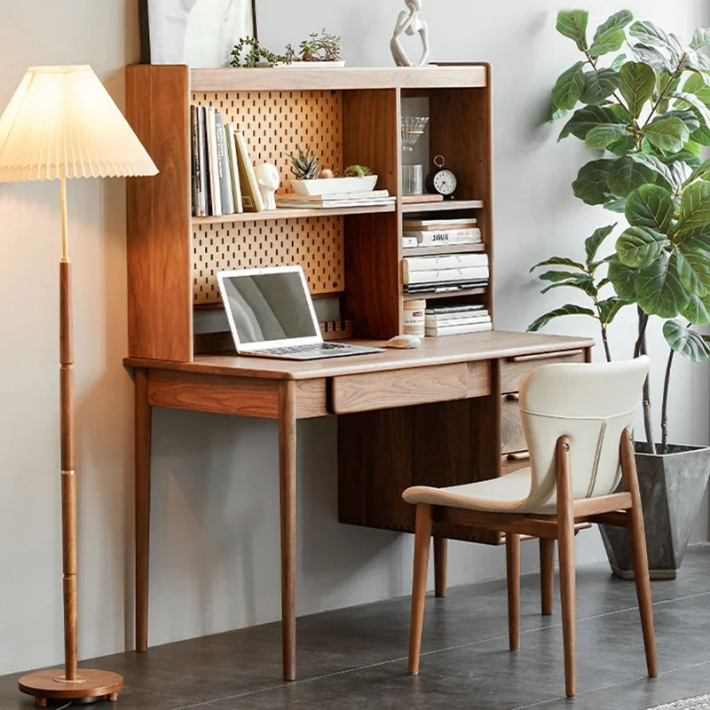 Black walnut all solid wood desk bookshelf integrated against the wall office computer writing dresser