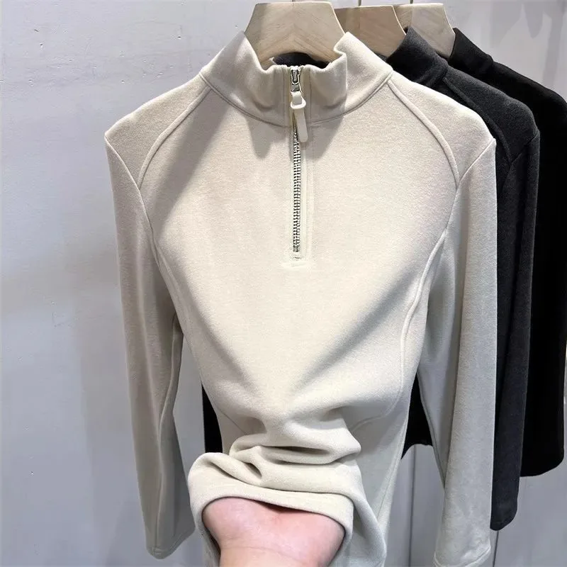 Plus Size Women Autumn Winter Half Zip Stand Collar Dralon Thermal Slim Fleece Liner T Shirt