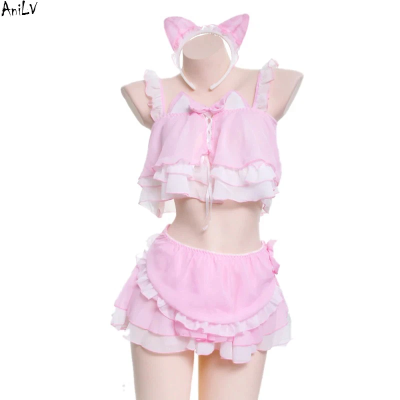 AniLV Anime Lolita Cats Girl Maid Swimsuit Costume Cute Pink Cat Ears Swimwear Uniform Pool Party Cosplay