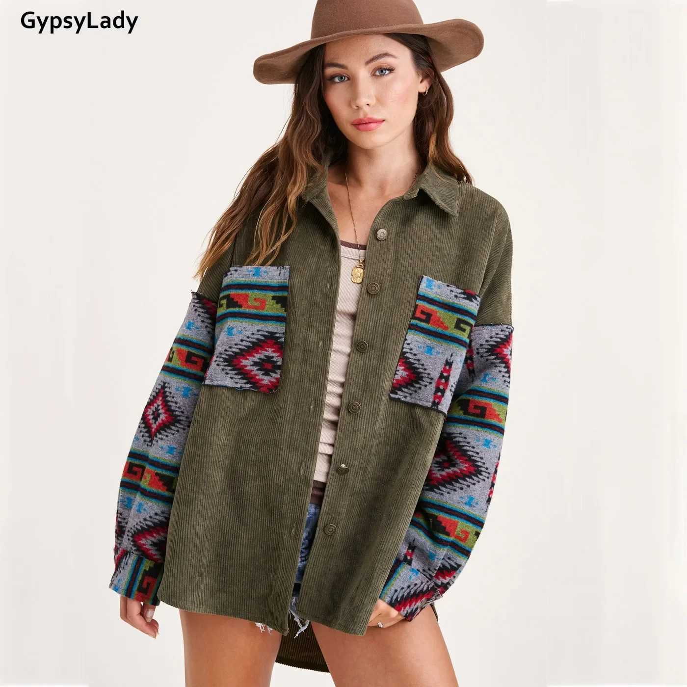 GypsyLady giacche in velluto a coste con stampa floreale cappotto Vintage Boho giacche da donna allentate cappotti tasca autunno inverno giacca