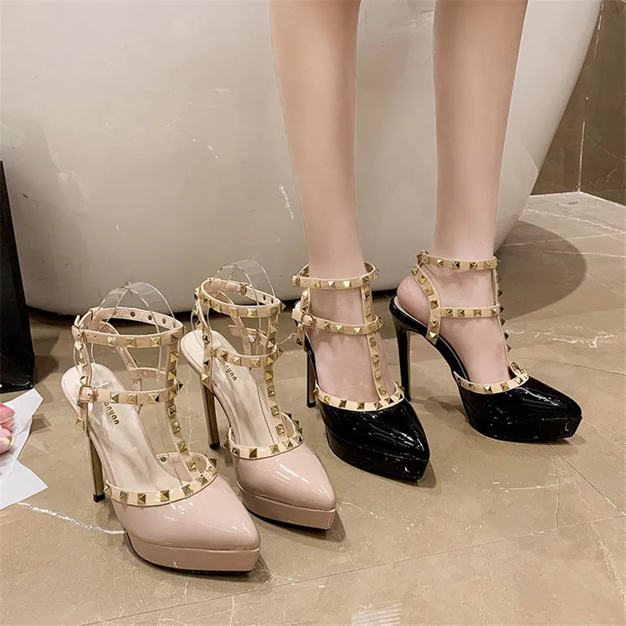 

New Retro Metal Rivet T-buckle Pumps Women Roman Style Sandals Black White Pointed Summer Thin High Heel Ladies Work Party Shoes