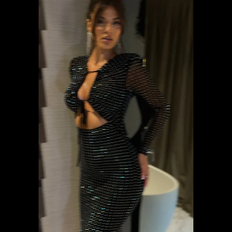 여성 시퀸 바디콘 맥시 드레스 긴팔 메쉬 레이스업 컷아웃 디자인 우아한 슬림핏 클럽 파티 의상 가을 겨울 신상