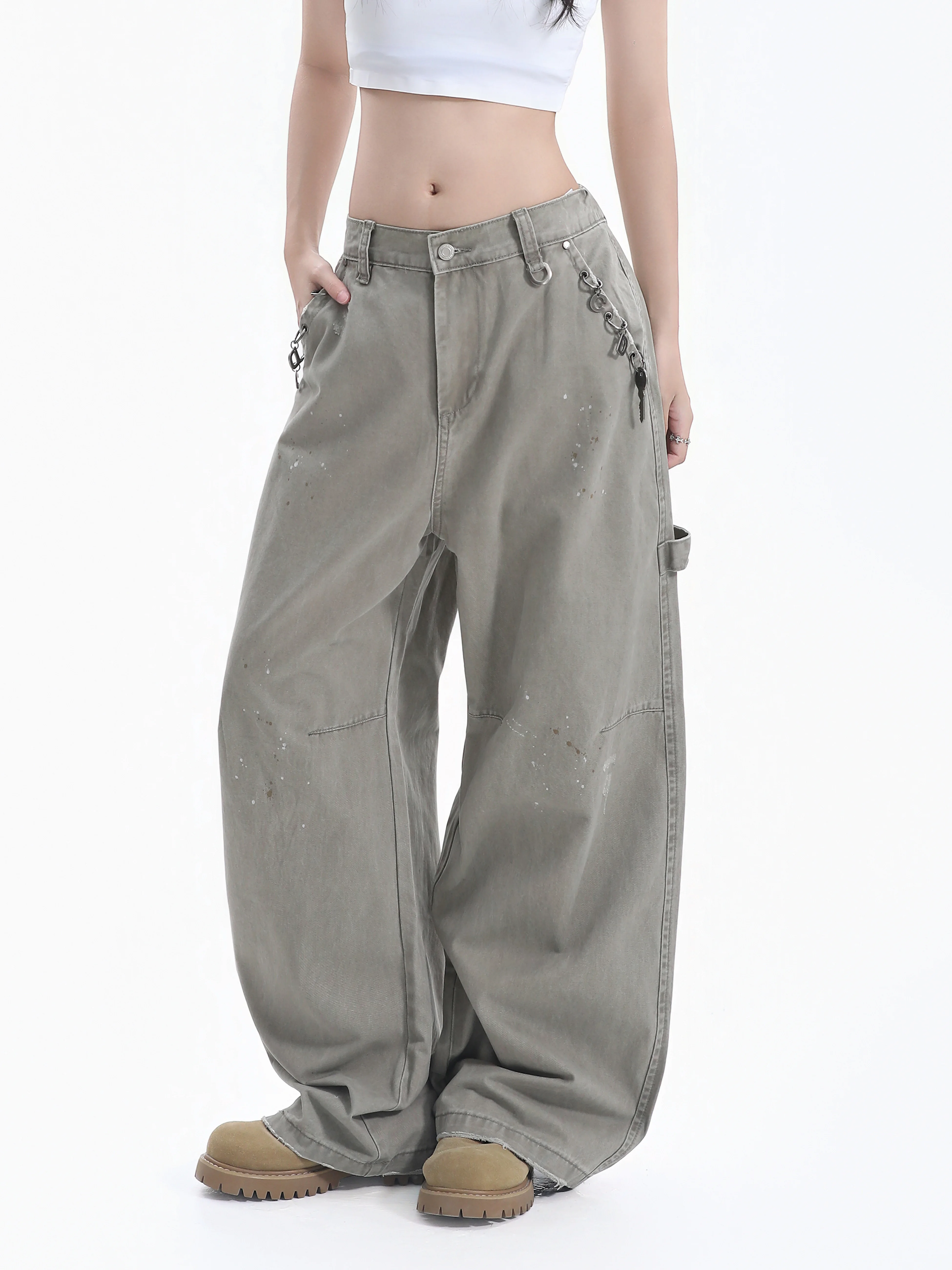 American Style Chain Work Pants Women's Keychain Splashed Ink Rustic Loose Couple Floor-Length Wide Leg Pants