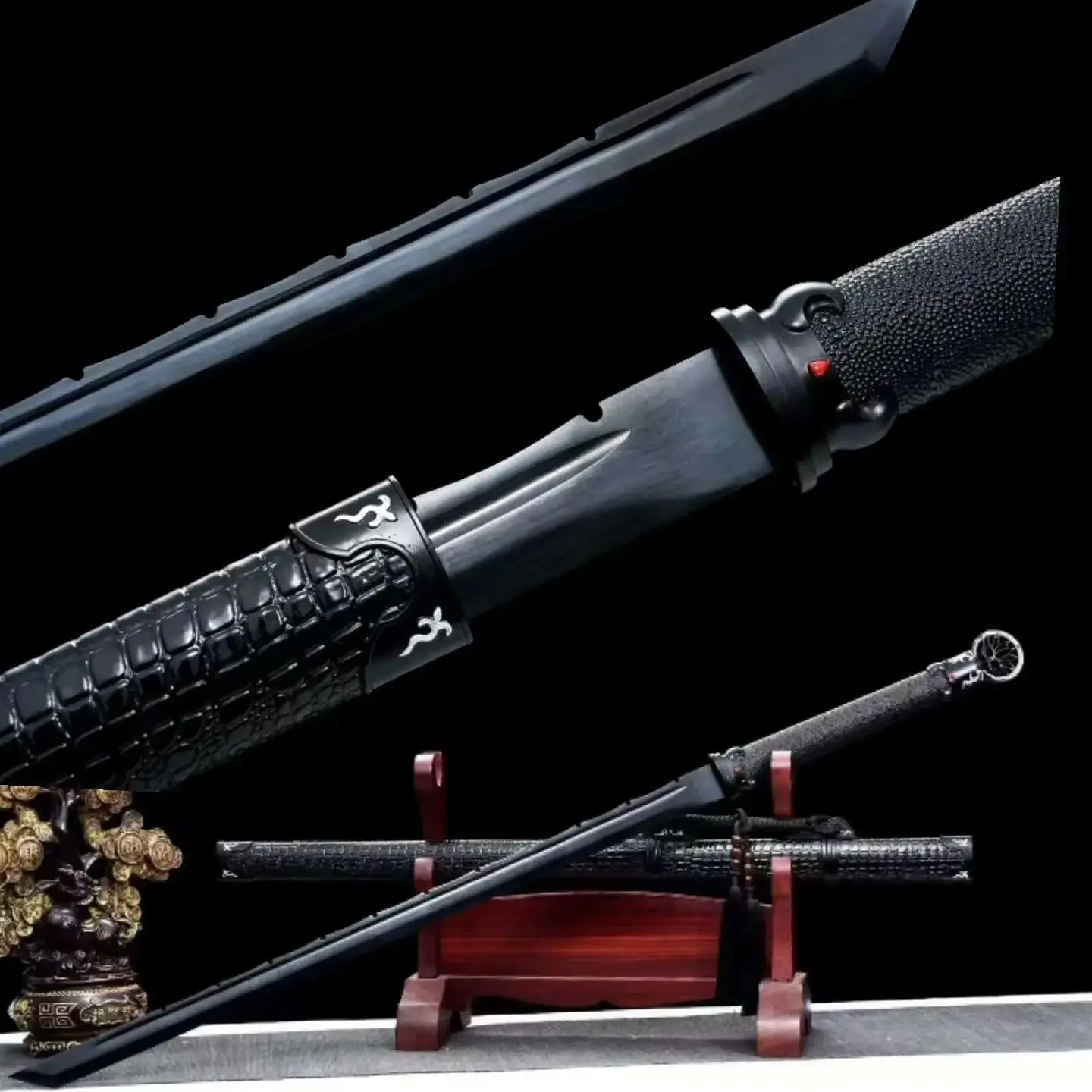Традиционный китайский боевой меч кунг-фу, темная луна, настоящая мульти-изысканная экстремальная марганцевая сталь, запеченное черное лезвие, не острые