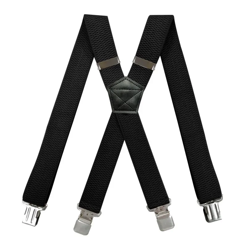 Heavy Duty Work Suspenders for Men 3.8cm Wide X-Back with 4 Plastic Gripper Clasps Adjustable Elastic Trouser Pants Braces-Black