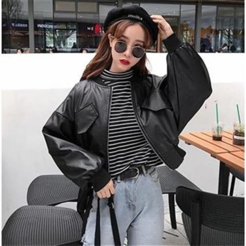 High Waist Short Length Bomber Jackets Women Zippers Leather Outerwear Korean Preppy Style Y2k Casual Coats Moto Biker Black